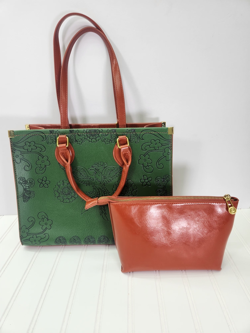 Louis Daisy Leather Vintage Phoenix Embossed Tote Bag 10.5"Hx13" Wx4.5"D